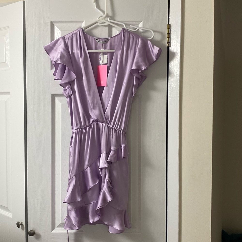 Lilac silk flouncy ruffled wrap dress